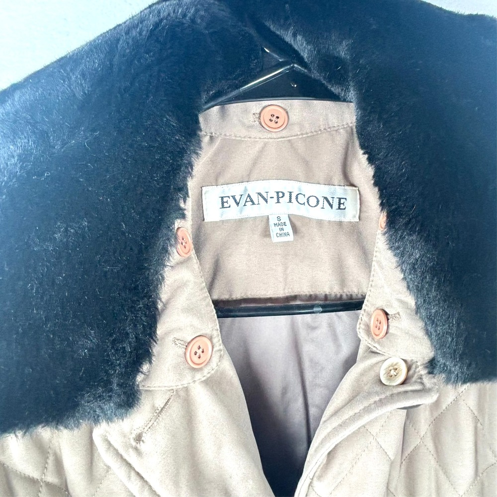 Evan Picone Chore Coat Barn Jacket Quilted Fur Collar Black Beige Womens Sz S - Picture 3 of 7